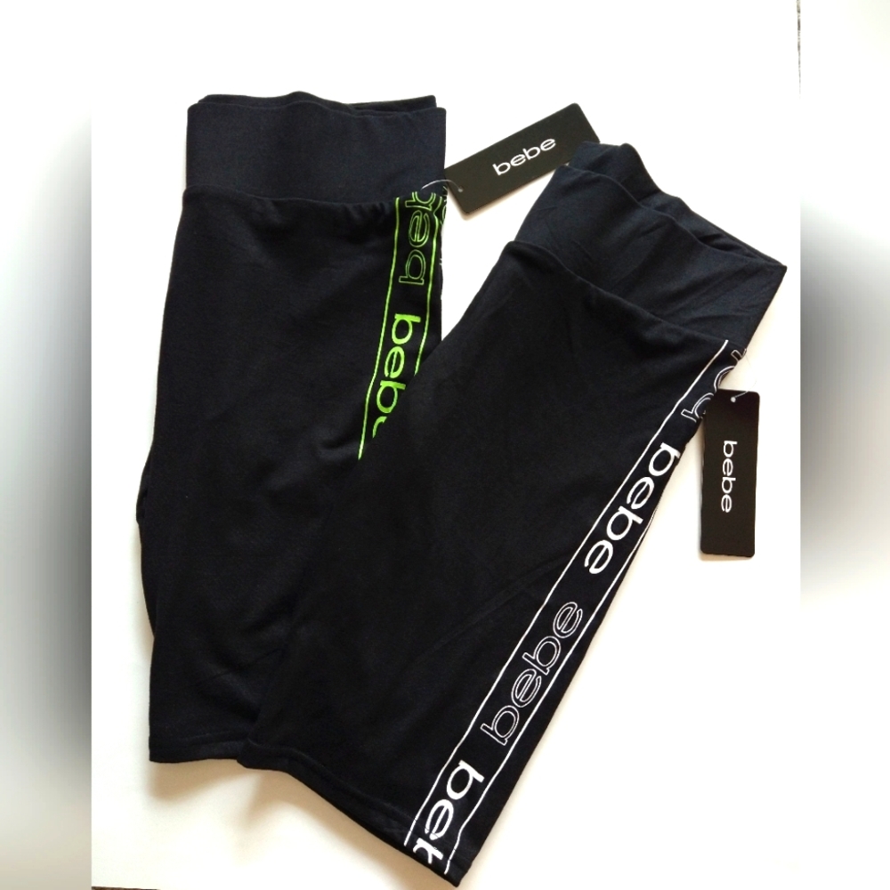BeBe 2 Woman's Black Biker Shorts With Logo White & Green Color Size M/S  NWT